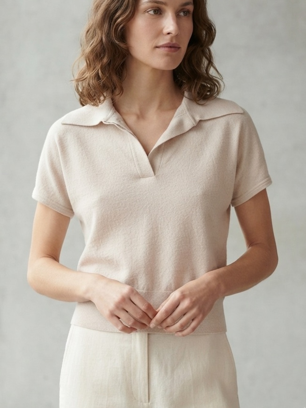 COS Sz S Neutral Cream Knit Polo Short Sleeves Sweater